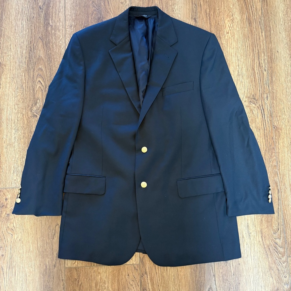 Jos‎ A Bank Signature Blazer Mens 43R Navy Blue 100% Wool Gold Crest Buttons VTG